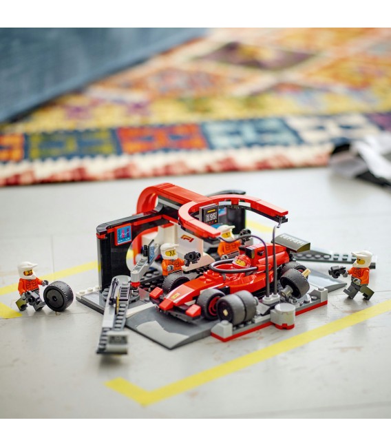 Boxă și mecanici F1 cu mașină Ferrari LEGO 60443